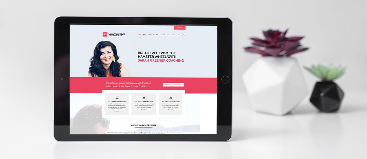 sarah greener business coach website ipad mockup